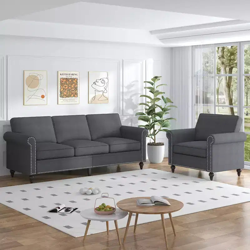 Mjkone Canapé 3 places moderne en tissu lin avec fauteuil simple et rivets pour salon, chambre, appartement, bureau