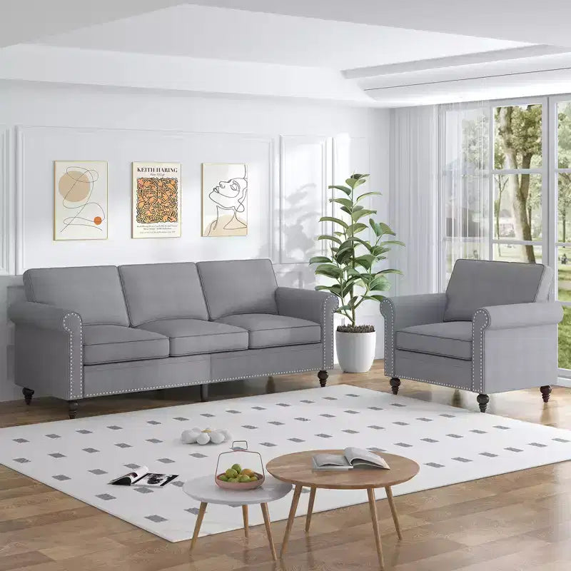 Mjkone Canapé 3 places moderne en tissu lin avec fauteuil simple et rivets pour salon, chambre, appartement, bureau
