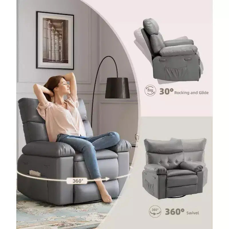 Fauteuil inclinable surdimensionné 27 avec chauffage et massage, pivotant à 360° et bascule manuelle, télécommande pour salon, chambre à coucher