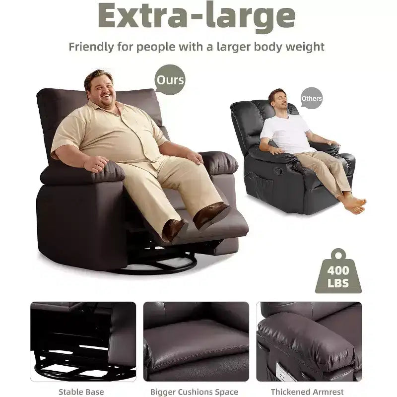 Fauteuil inclinable surdimensionné 27 avec chauffage et massage, pivotant à 360° et bascule manuelle, télécommande pour salon, chambre à coucher