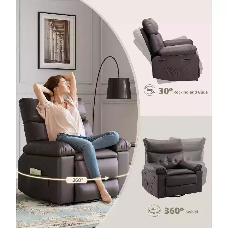 Fauteuil inclinable surdimensionné 27 avec chauffage et massage, pivotant à 360° et bascule manuelle, télécommande pour salon, chambre à coucher