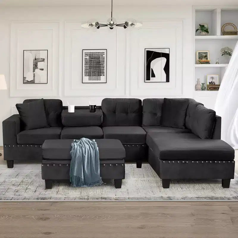 Sectionnel moderne en L Whisen 105 avec pouf de rangement et 2 coussins