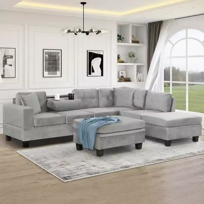 Sectionnel moderne en L Whisen 105 avec pouf de rangement et 2 coussins