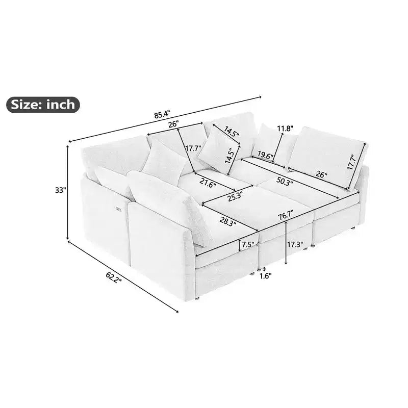 Canapé d'angle convertible 85.4 avec pouf et ports USB, en chenille, en forme de L/U, pour salon