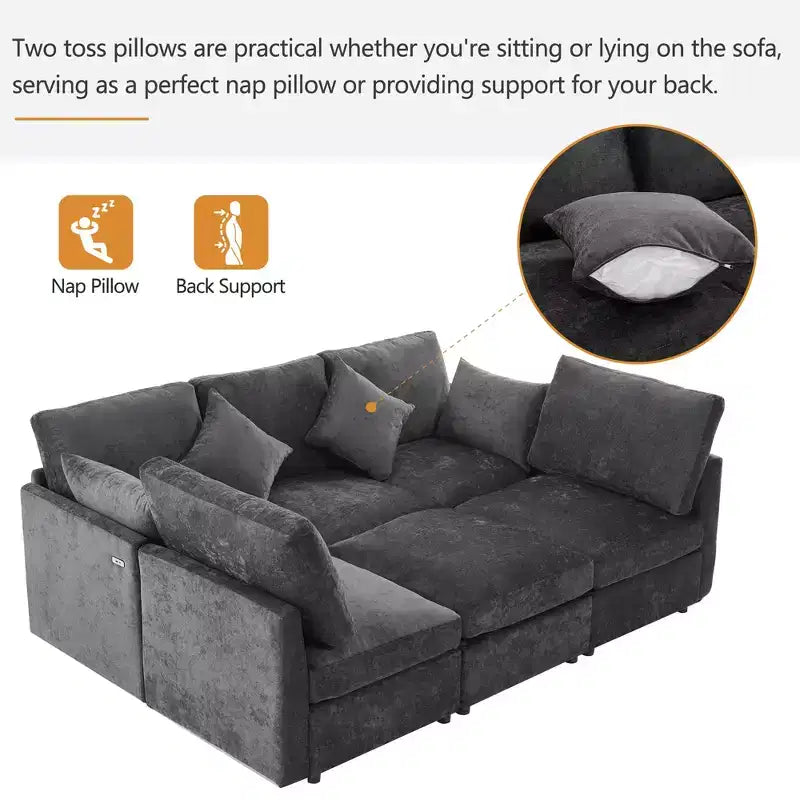 Canapé d'angle convertible 85.4 avec pouf et ports USB, en chenille, en forme de L/U, pour salon