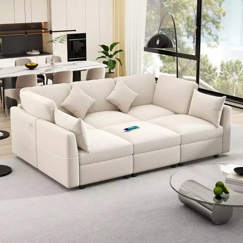 Canapé d'angle convertible 85.4 avec pouf et ports USB, en chenille, en forme de L/U, pour salon