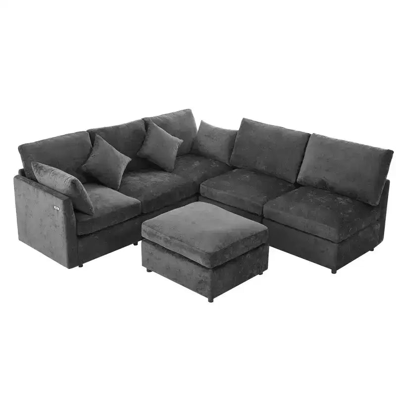 Canapé d'angle convertible 85.4 avec pouf et ports USB, en chenille, en forme de L/U, pour salon