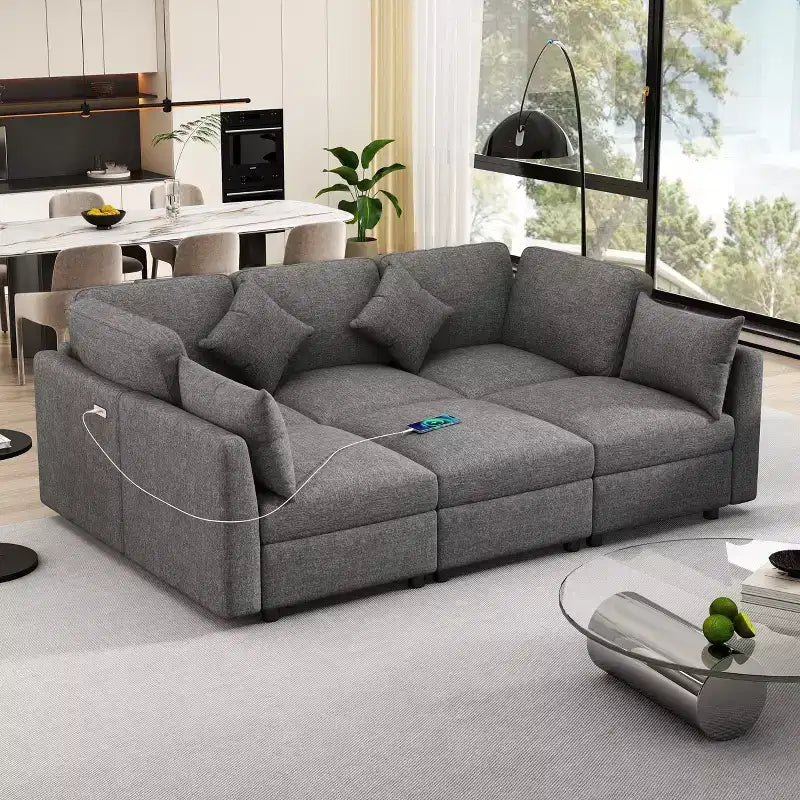 Canapé d'angle convertible 85.4 avec pouf et ports USB, en chenille, en forme de L/U, pour salon