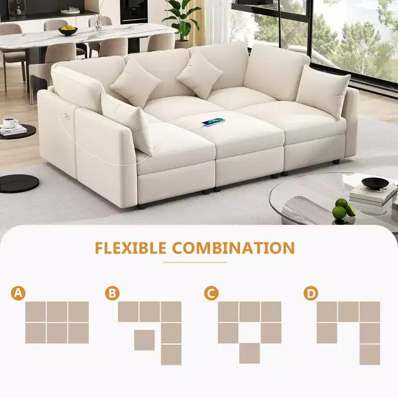 Canapé d'angle convertible 85.4 avec pouf et ports USB, en chenille, en forme de L/U, pour salon