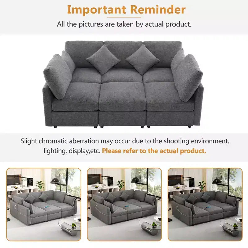 Canapé d'angle convertible 85.4 avec pouf et ports USB, en chenille, en forme de L/U, pour salon