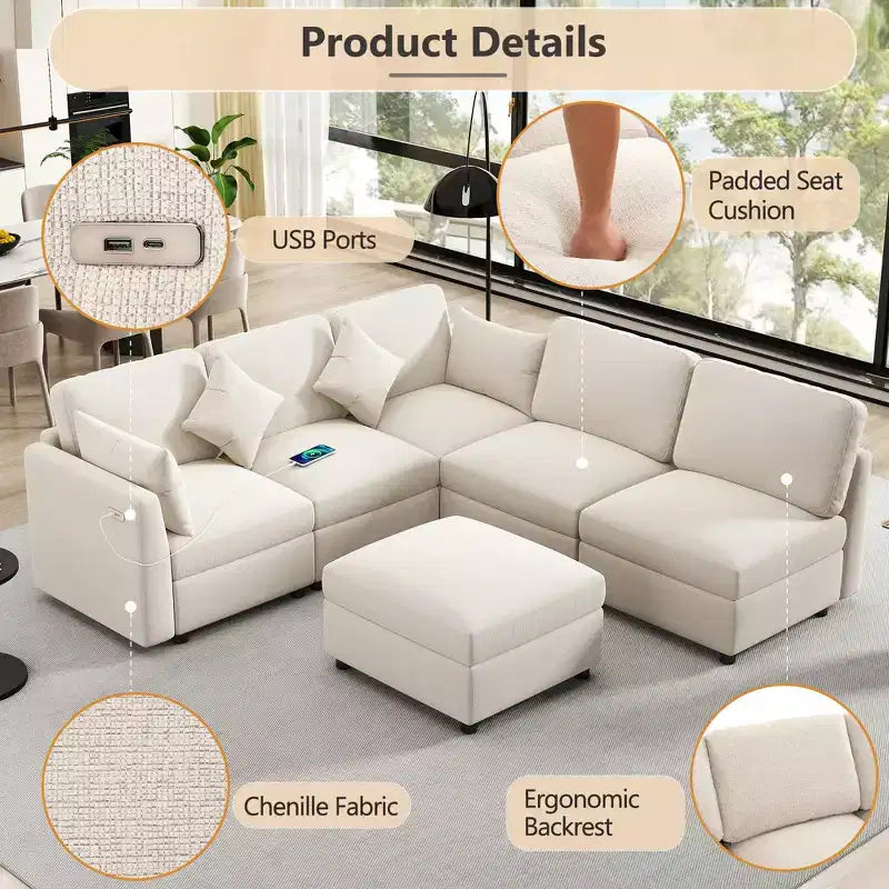 Canapé d'angle convertible 85.4 avec pouf et ports USB, en chenille, en forme de L/U, pour salon