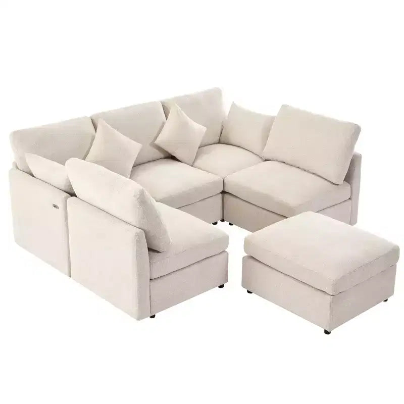 Canapé d'angle convertible 85.4 avec pouf et ports USB, en chenille, en forme de L/U, pour salon