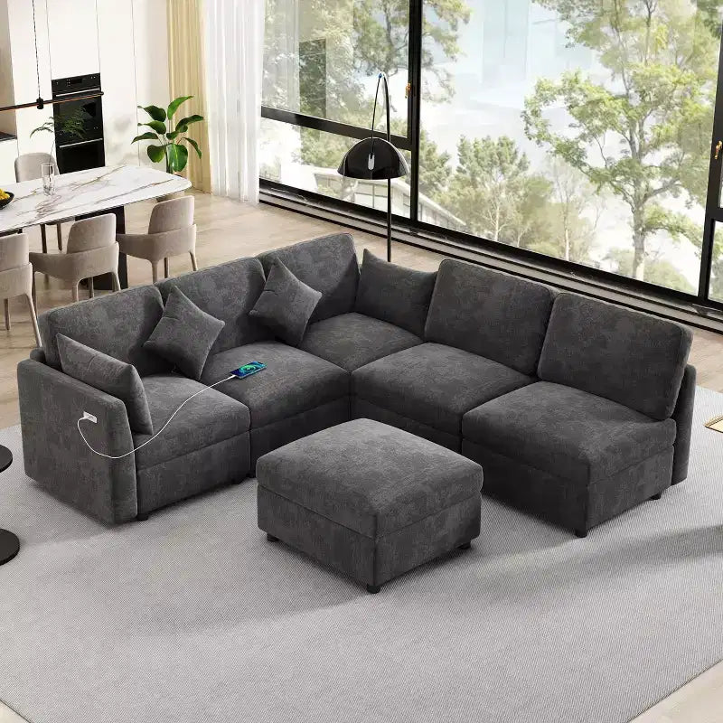Canapé d'angle convertible 85.4 avec pouf et ports USB, en chenille, en forme de L/U, pour salon