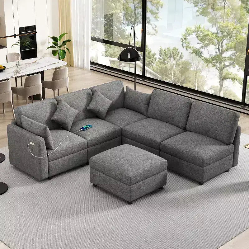 Canapé d'angle convertible 85.4 avec pouf et ports USB, en chenille, en forme de L/U, pour salon
