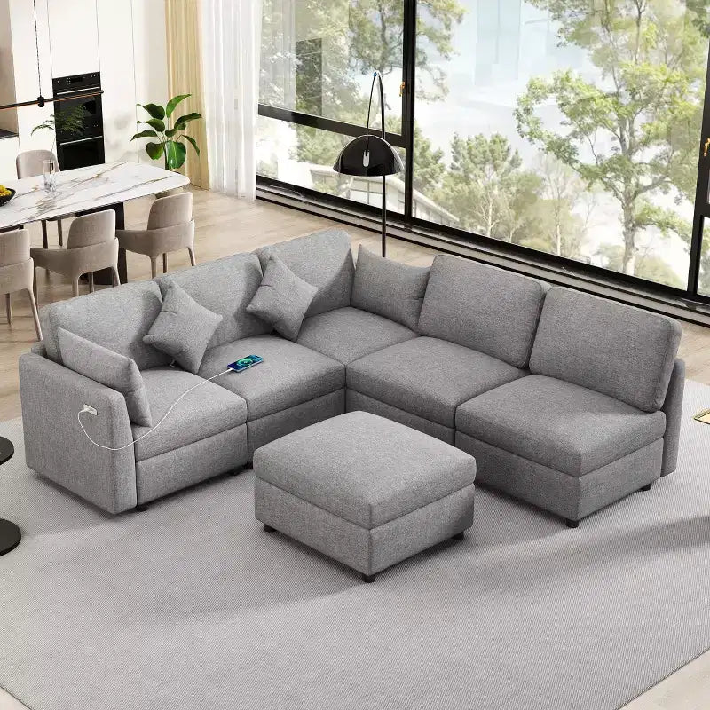 Canapé d'angle convertible 85.4 avec pouf et ports USB, en chenille, en forme de L/U, pour salon