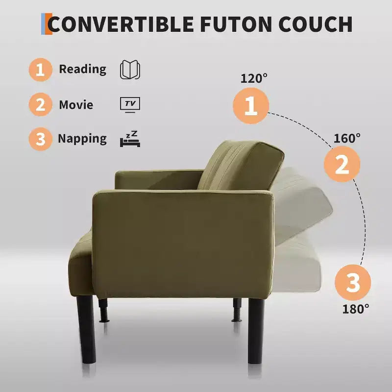Canapé convertible réglable de 75,5 po, inclinable sur 3 positions avec design surélevé pour petits espaces (Gris/Vert)