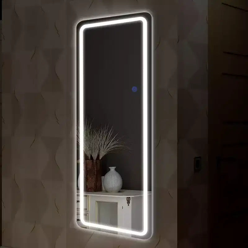 Miroir sur pied rectangulaire LED 63x16, Miroir pleine longueur HD avec cadre en alliage d'aluminium et 3 températures de couleur, Argent
