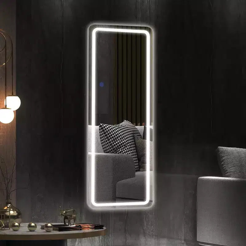 Miroir sur pied rectangulaire LED 63x16, Miroir pleine longueur HD avec cadre en alliage d'aluminium et 3 températures de couleur, Argent
