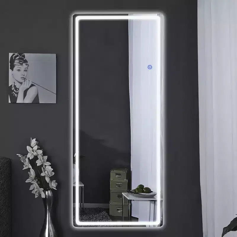 Miroir sur pied rectangulaire LED 63x16, Miroir pleine longueur HD avec cadre en alliage d'aluminium et 3 températures de couleur, Argent