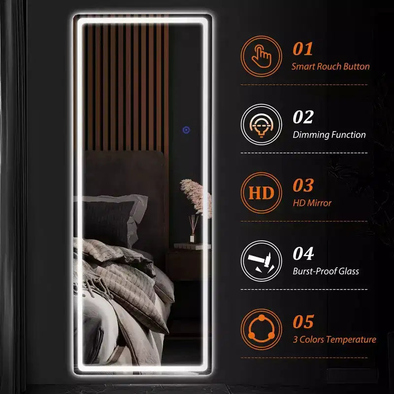 Miroir sur pied rectangulaire LED 63x16, Miroir pleine longueur HD avec cadre en alliage d'aluminium et 3 températures de couleur, Argent