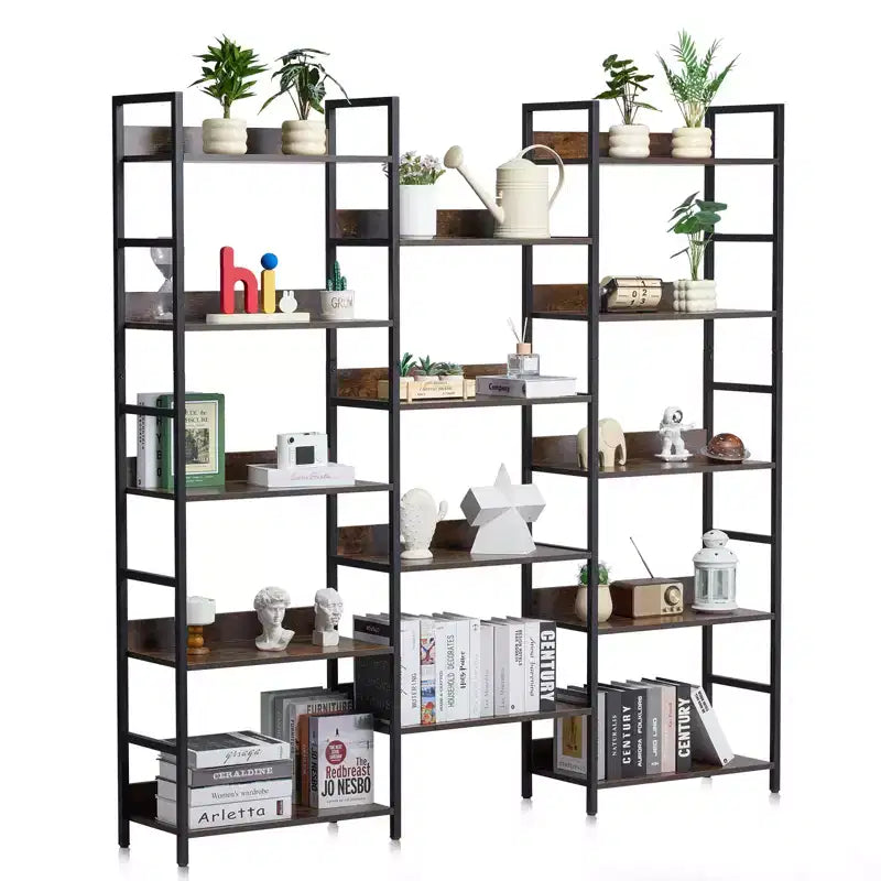 VEVOR Triple Metal Bookshelf, 14-Tier Industrial Bookshelf, Large Rustic Vintage Storage Bookcase , Freestanding Display Shelving Brown