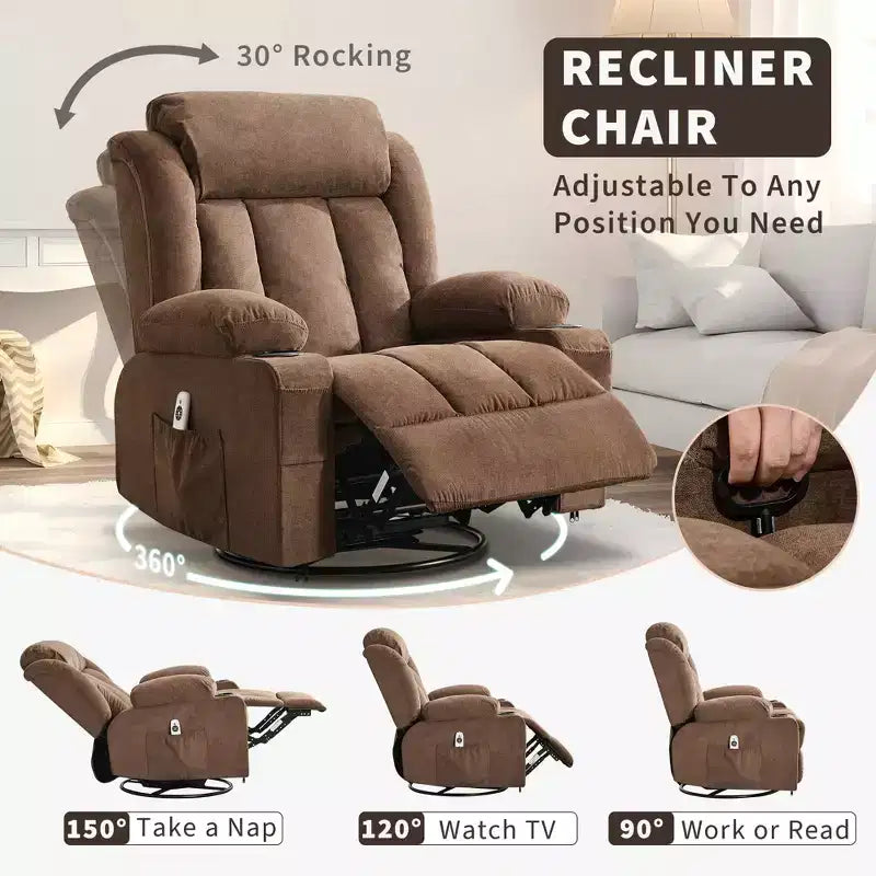 Fauteuil inclinable, pivotant à 360° et à bascule avec fonction chauffante et massante pour personnes fortes et de grande taille, avec télécommande, porte-gobelets, poches latérales et port de chargement USB