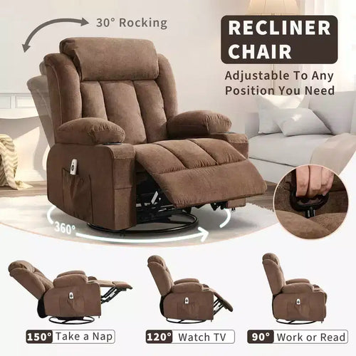 Fauteuil inclinable, pivotant à 360° et à bascule avec fonction chauffante et massante pour personnes fortes et de grande taille, avec télécommande, porte-gobelets, poches latérales et port de chargement USB