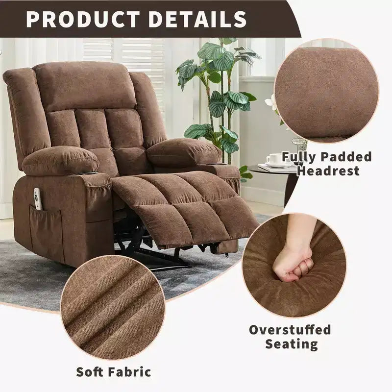 Fauteuil inclinable, pivotant à 360° et à bascule avec fonction chauffante et massante pour personnes fortes et de grande taille, avec télécommande, porte-gobelets, poches latérales et port de chargement USB
