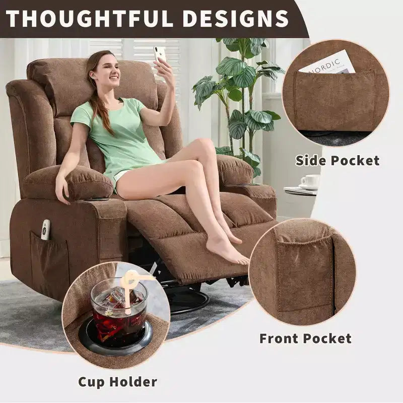 Fauteuil inclinable, pivotant à 360° et à bascule avec fonction chauffante et massante pour personnes fortes et de grande taille, avec télécommande, porte-gobelets, poches latérales et port de chargement USB