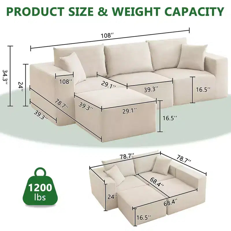 Canapés modulables d'angle, Canapé modulaire avec assise profonde, Canapé convertible en chenille rembourré avec compression d'éponge, Aucun assemblage requis