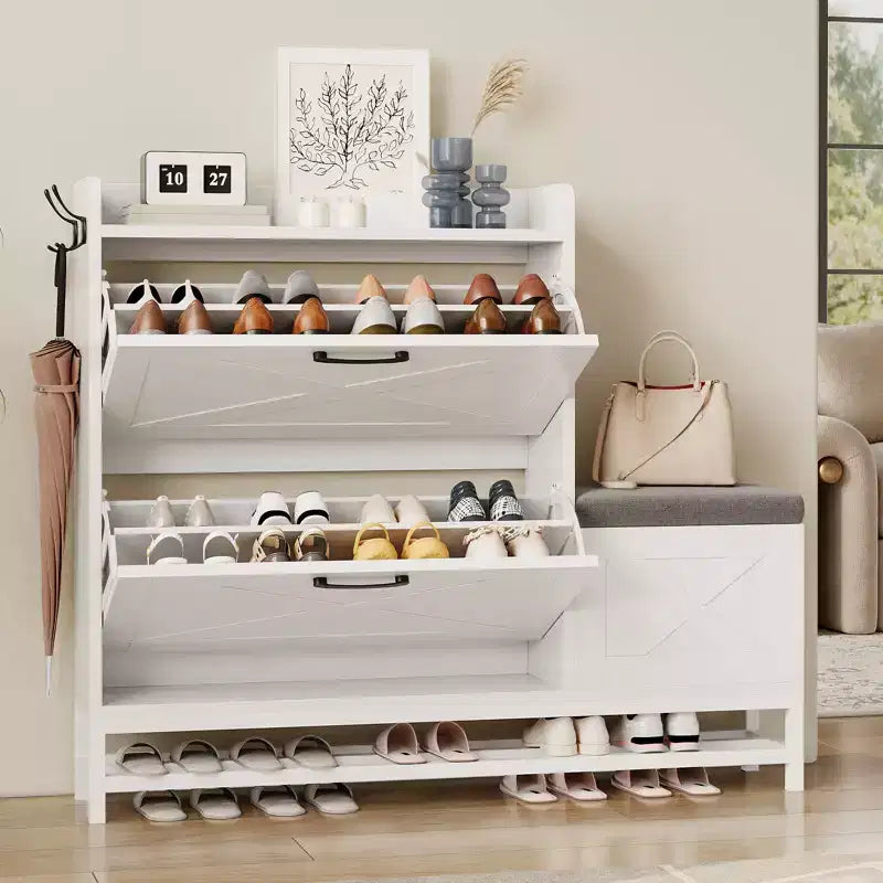 Meuble à chaussures avec 2 tiroirs basculants et coussin d'assise rembourré – Étagère étroite de rangement pour chaussures, pour entrée, porte d'entrée, hall, couloir, en bois aseptisé