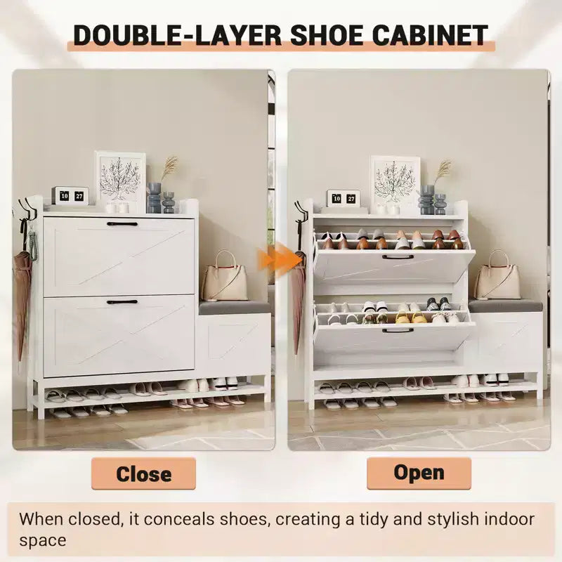 Meuble à chaussures avec 2 tiroirs basculants et coussin d'assise rembourré – Étagère étroite de rangement pour chaussures, pour entrée, porte d'entrée, hall, couloir, en bois aseptisé
