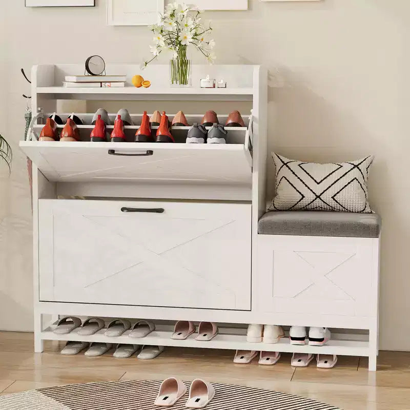 Meuble à chaussures avec 2 tiroirs basculants et coussin d'assise rembourré – Étagère étroite de rangement pour chaussures, pour entrée, porte d'entrée, hall, couloir, en bois aseptisé