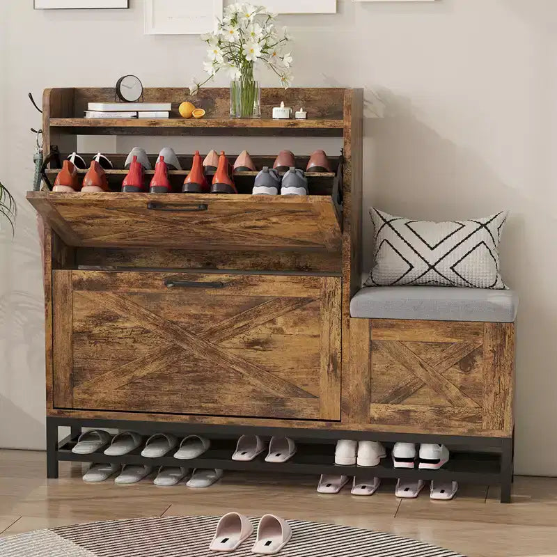 Meuble à chaussures avec 2 tiroirs basculants et coussin d'assise rembourré – Étagère étroite de rangement pour chaussures, pour entrée, porte d'entrée, hall, couloir, en bois aseptisé