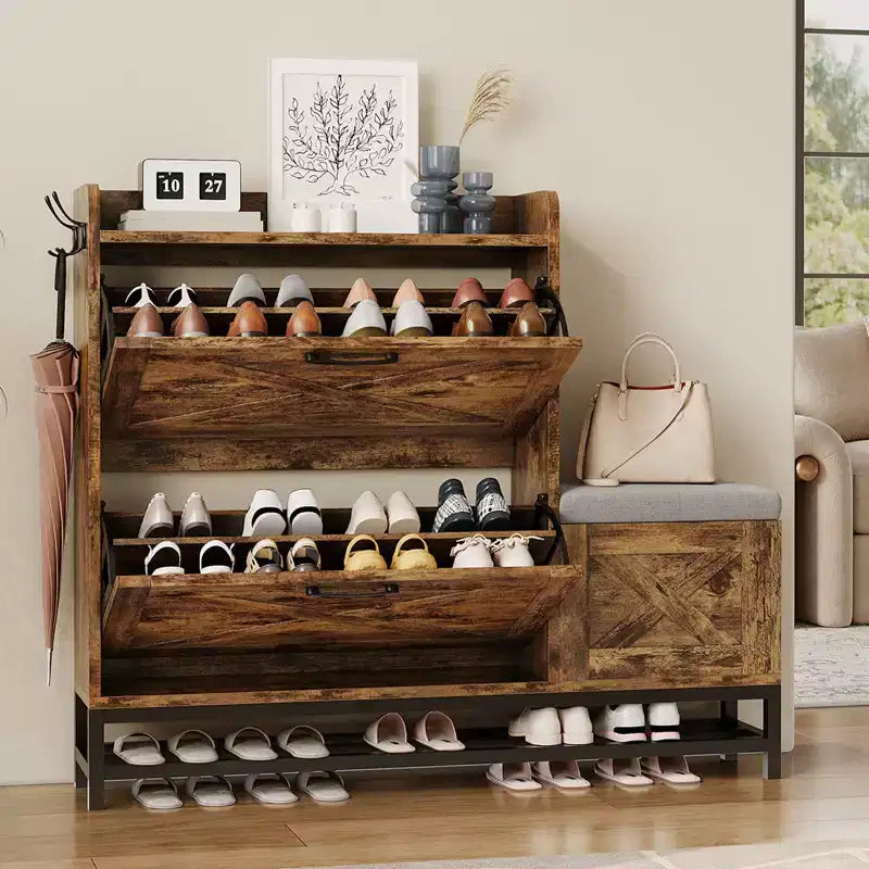 Meuble à chaussures avec 2 tiroirs basculants et coussin d'assise rembourré – Étagère étroite de rangement pour chaussures, pour entrée, porte d'entrée, hall, couloir, en bois aseptisé