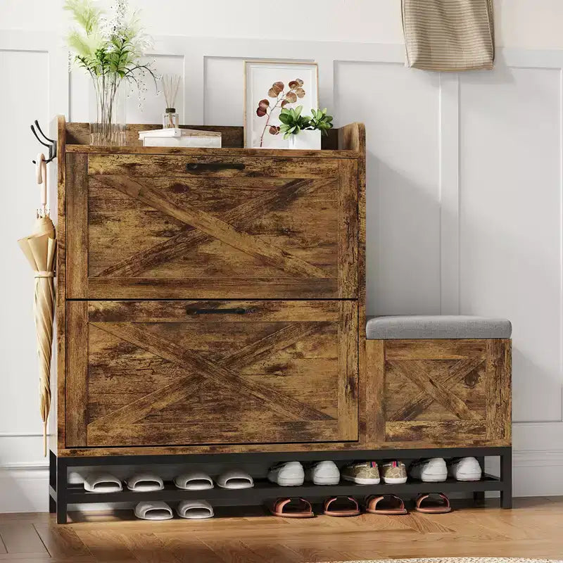 Meuble à chaussures avec 2 tiroirs basculants et coussin d'assise rembourré – Étagère étroite de rangement pour chaussures, pour entrée, porte d'entrée, hall, couloir, en bois aseptisé