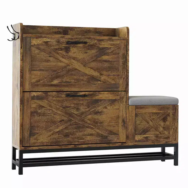 Shoe Cabinet with 2 Flip Drawers with Padded Seat Cushion - Narrow Shoe Organizer Rack for Entryway, Front Door, Foyer, Hallway, Antiseptic Wood