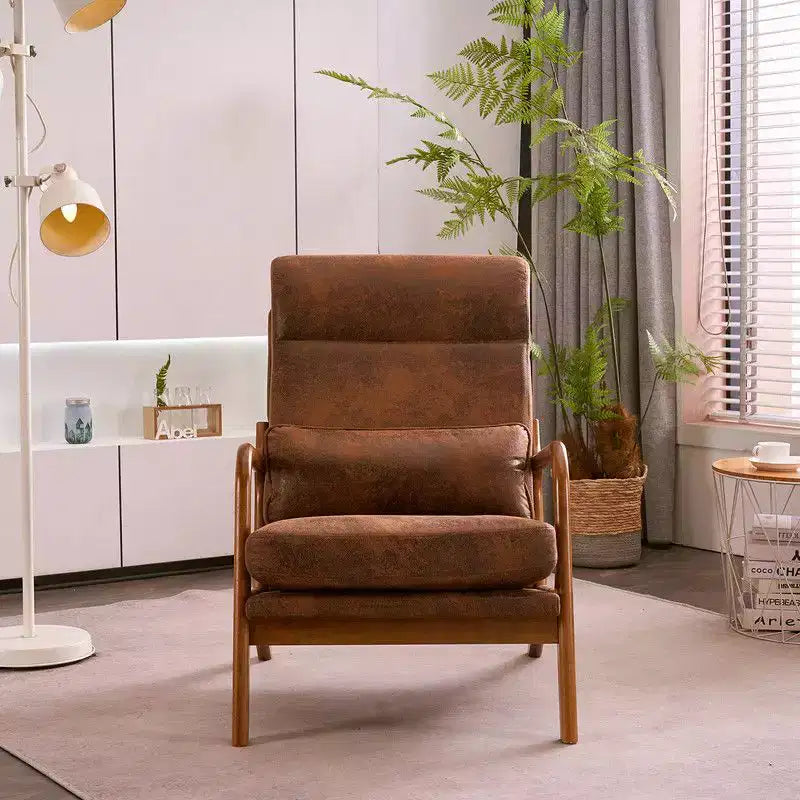 Chaise de loisirs d'intérieur en lin avec accoudoirs et dossier en bois massif et cadre en fer, dossier haut.