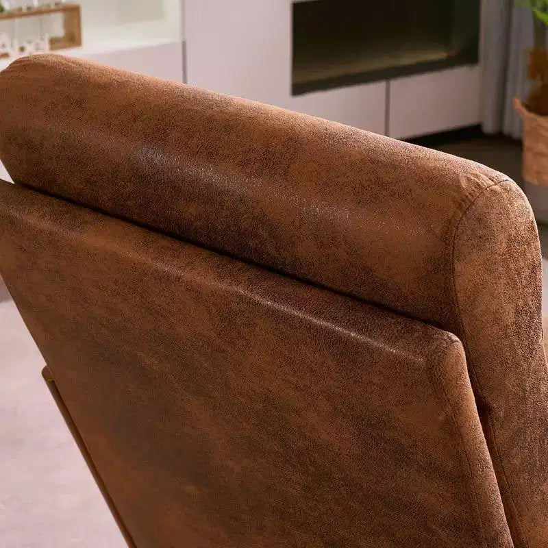 Chaise de loisirs d'intérieur en lin avec accoudoirs et dossier en bois massif et cadre en fer, dossier haut.