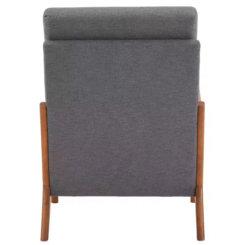 Chaise de loisirs d'intérieur en lin avec accoudoirs et dossier en bois massif et cadre en fer, dossier haut.
