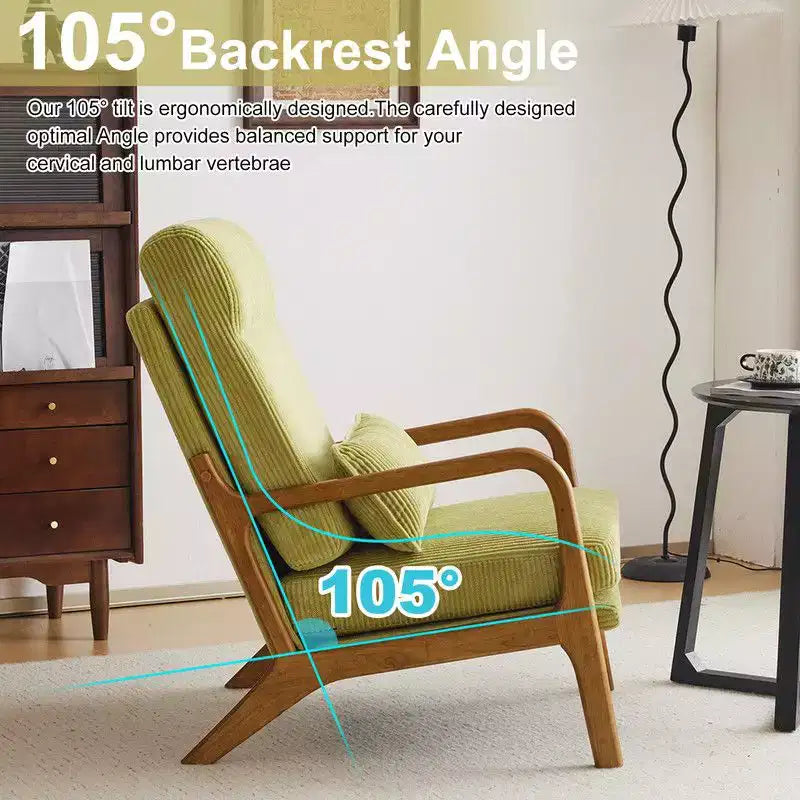 Chaise de loisirs d'intérieur en lin avec accoudoirs et dossier en bois massif et cadre en fer, dossier haut.