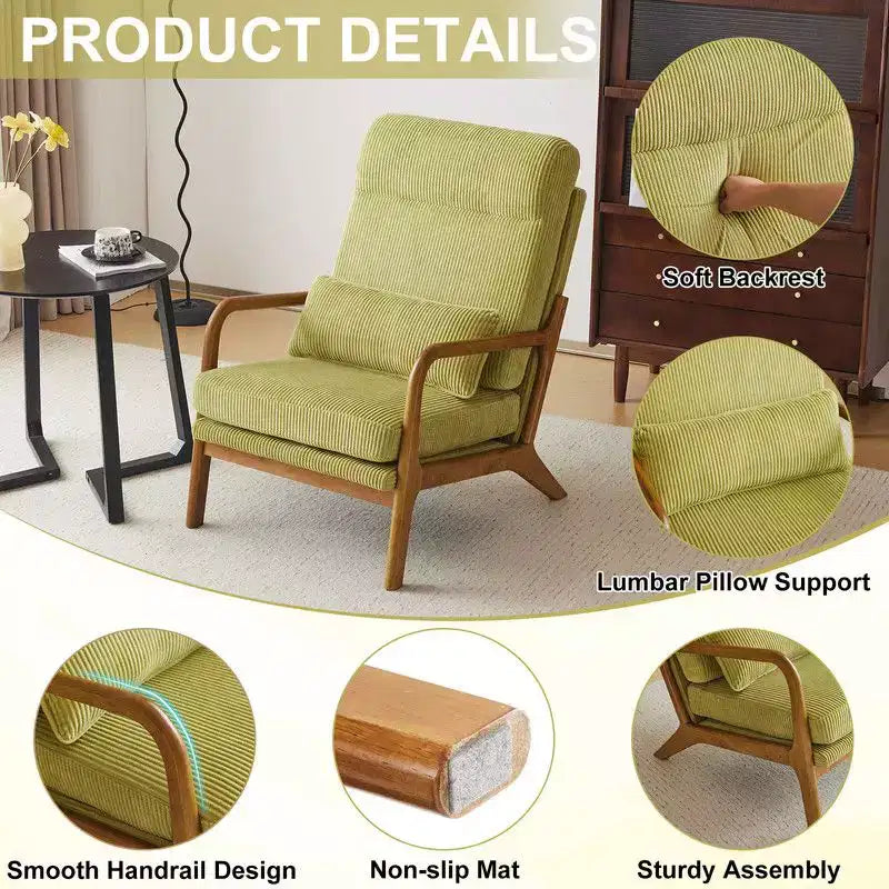 Chaise de loisirs d'intérieur en lin avec accoudoirs et dossier en bois massif et cadre en fer, dossier haut.