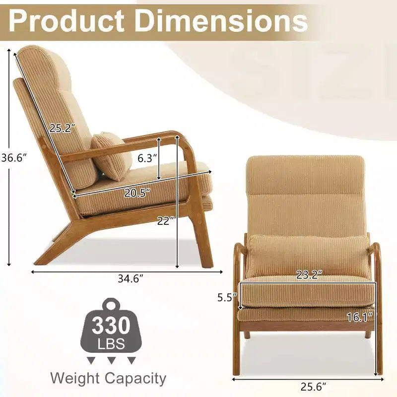 Chaise de loisirs d'intérieur en lin avec accoudoirs et dossier en bois massif et cadre en fer, dossier haut.