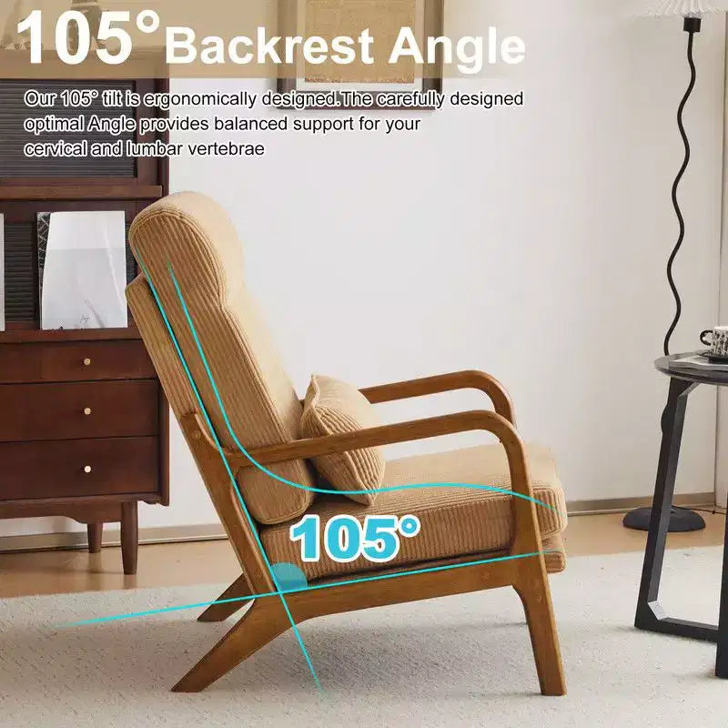 Chaise de loisirs d'intérieur en lin avec accoudoirs et dossier en bois massif et cadre en fer, dossier haut.
