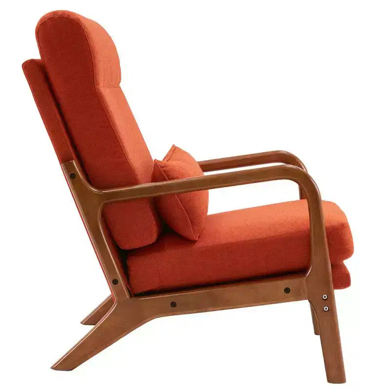 Chaise de loisirs d'intérieur en lin avec accoudoirs et dossier en bois massif et cadre en fer, dossier haut.