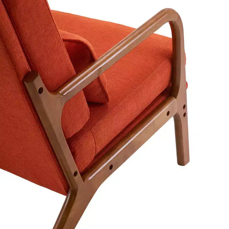 Chaise de loisirs d'intérieur en lin avec accoudoirs et dossier en bois massif et cadre en fer, dossier haut.