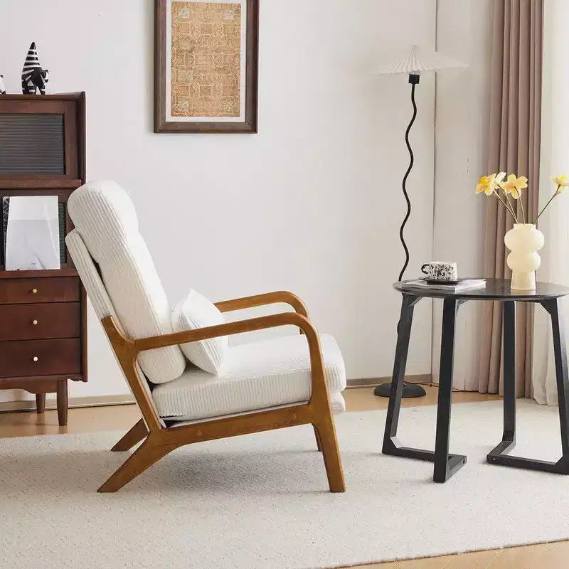 Chaise de loisirs d'intérieur en lin avec accoudoirs et dossier en bois massif et cadre en fer, dossier haut.
