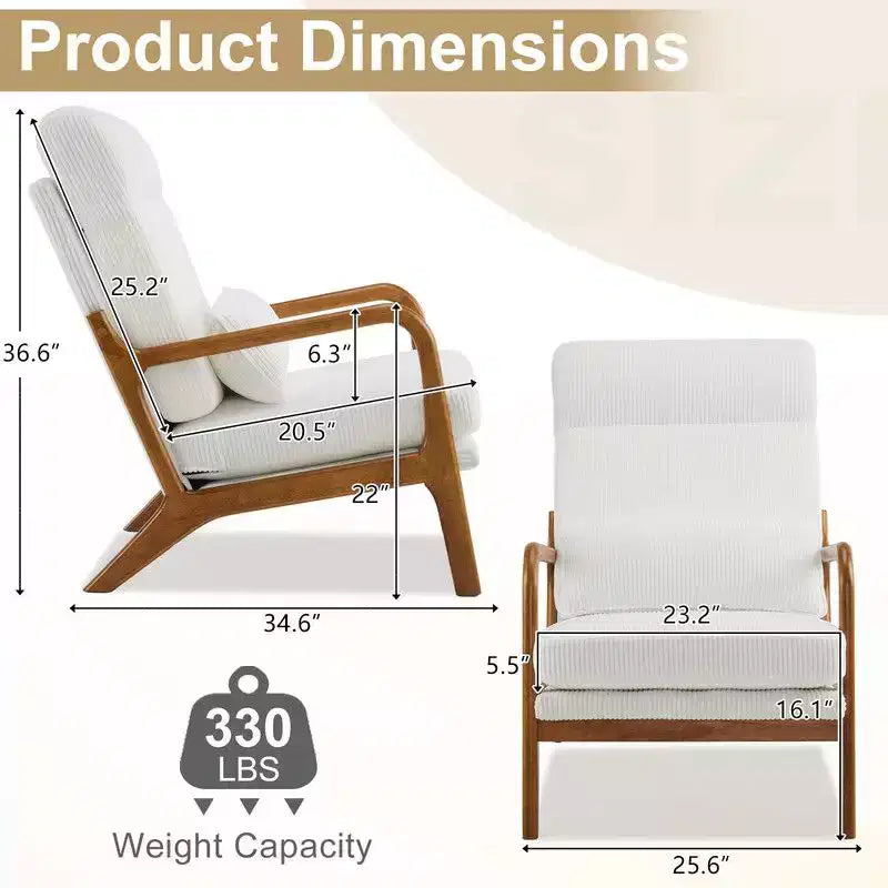 Chaise de loisirs d'intérieur en lin avec accoudoirs et dossier en bois massif et cadre en fer, dossier haut.