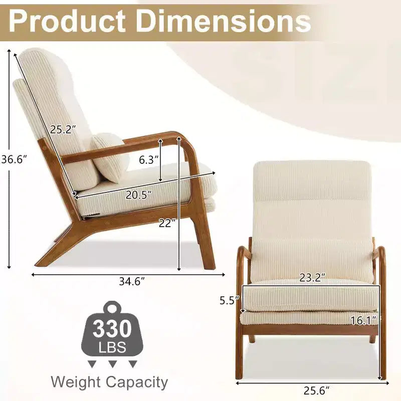 Chaise de loisirs d'intérieur en lin avec accoudoirs et dossier en bois massif et cadre en fer, dossier haut.