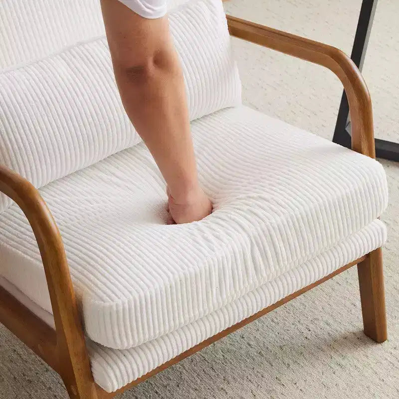 Chaise de loisirs d'intérieur en lin avec accoudoirs et dossier en bois massif et cadre en fer, dossier haut.